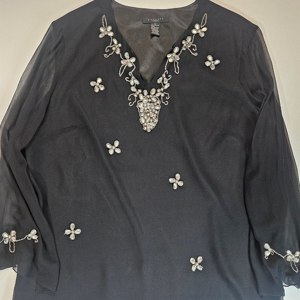 Silkland Blouse Womens 2X Black Silk Sheer‎ Beaded Embellished Tunic Top